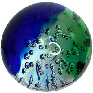 Blue & Green Glass Art Paperweight Controlled Bubble Design Bullicante 3"